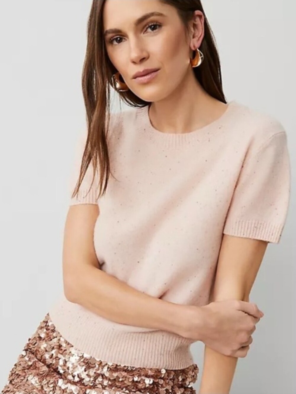 Ann Taylor The Cashmere Collection Pink Speckled Short Sleeve Sweater Sz XL NWT